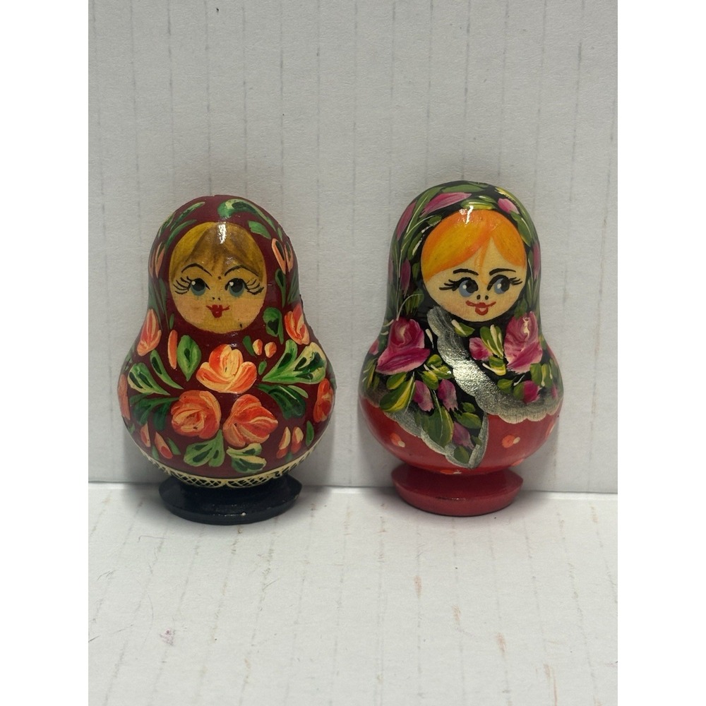 Russian Nesting Doll Look Refrigerator Magnet 2.5" Wood Set of 2 flowers floral